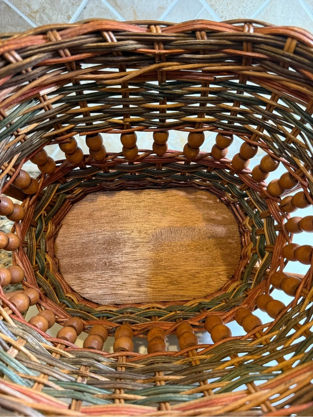 Vintage Woven Wicker Rattan Basket Wood Bead Double Handles Farmhouse Decor
